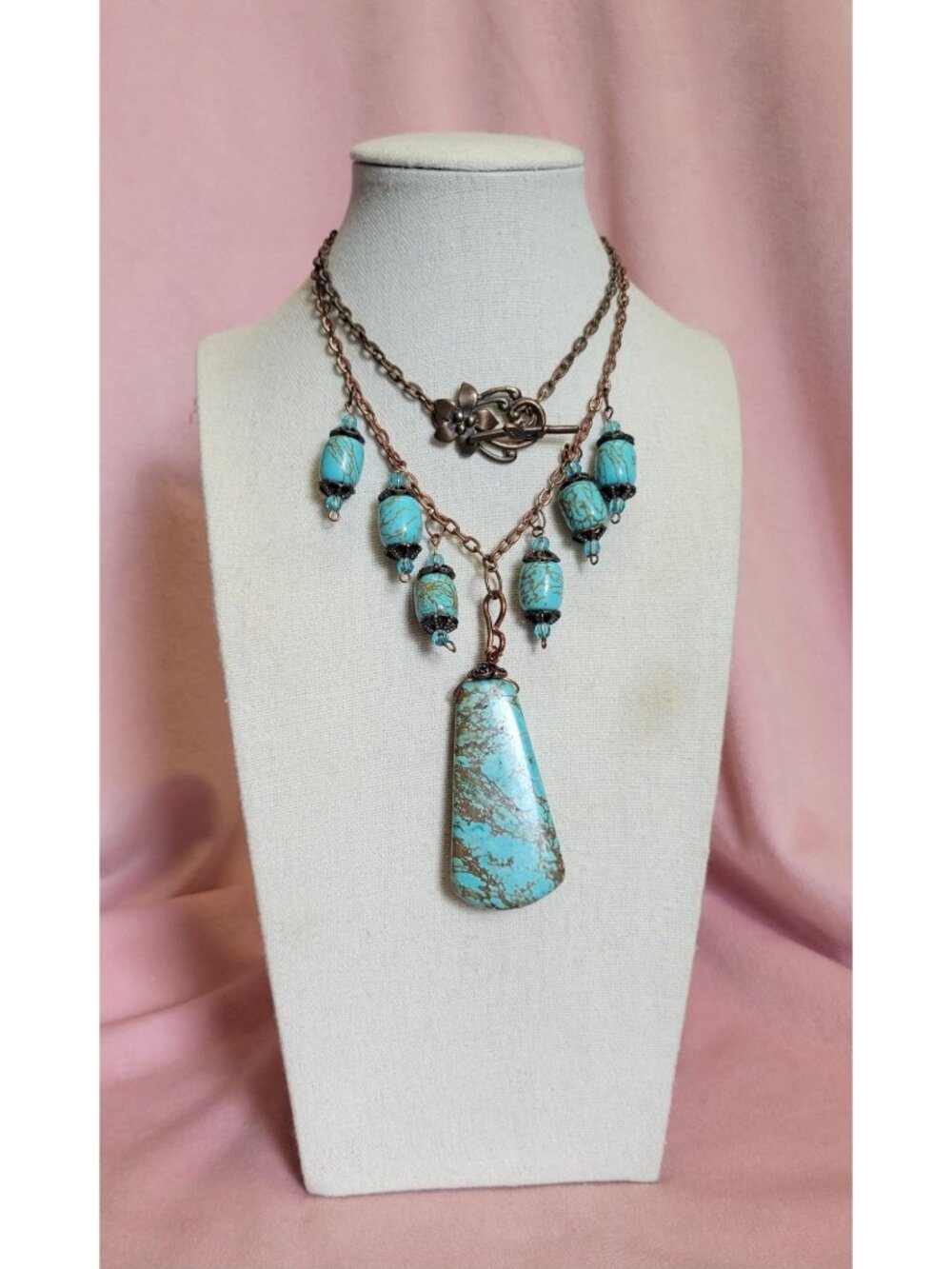 Bronze tone chain Faux Turquoise Dyed Howlite? Dangle Pendant Necklace N1G